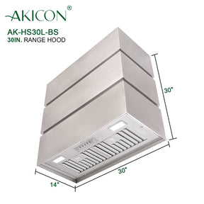 Akicon 30" Stainless Steel Range Hood, 3 Stacks Modern Box Kitchen Hood with Powerful Vent Motor, Wall Mount, 30”W*30”H*14D,  Brushed Stainless