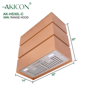 Akicon 30" Stainless Steel Range Hood, 3 Stacks Modern Box Kitchen Hood with Powerful Vent Motor, Wall Mount, 30”W*30”H*14D,  Copper