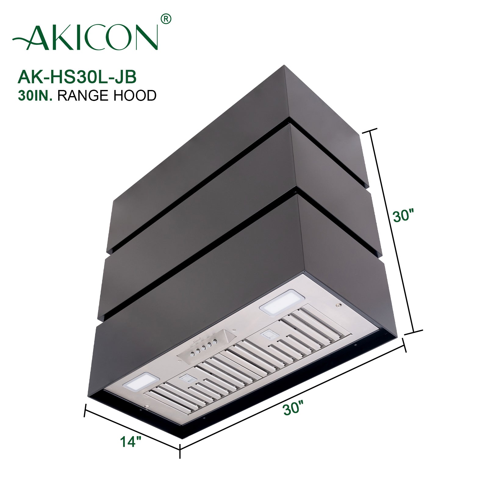 Akicon 30" Stainless Steel Range Hood, 3 Stacks Modern Box Kitchen Hood with Powerful Vent Motor, Wall Mount, 30”W*30”H*14D, Jet Black