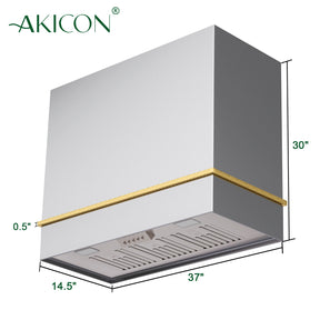 Akicon 36" Stainless Steel Range Hood & 600 CFM Wall Mount Vent Hood with Powerful Vent Motor, Modern Box Kitchen Hood with LED Lights, Charcoal Filter, One Stack