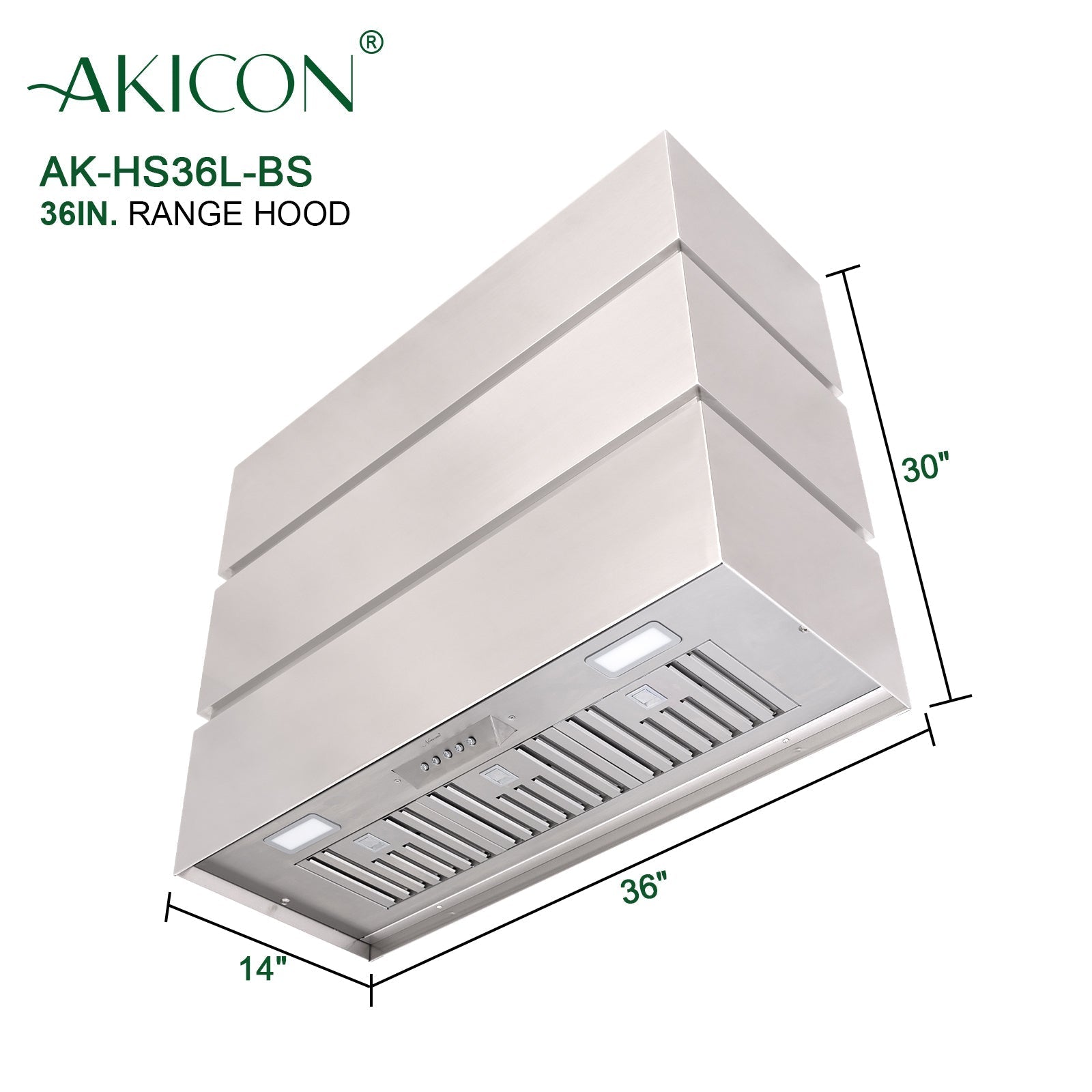 Akicon 36" Stainless Steel Range Hood, 3 Stacks Modern Box Kitchen Hood with Powerful Vent Motor, Wall Mount, 36”W*30”H*14"D, Brushed Stainless