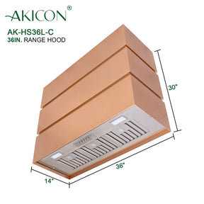 Akicon 36" Stainless Steel Range Hood, 3 Stacks Modern Box Kitchen Hood with Powerful Vent Motor, Wall Mount, 36”W*30”H*14"D, Copper