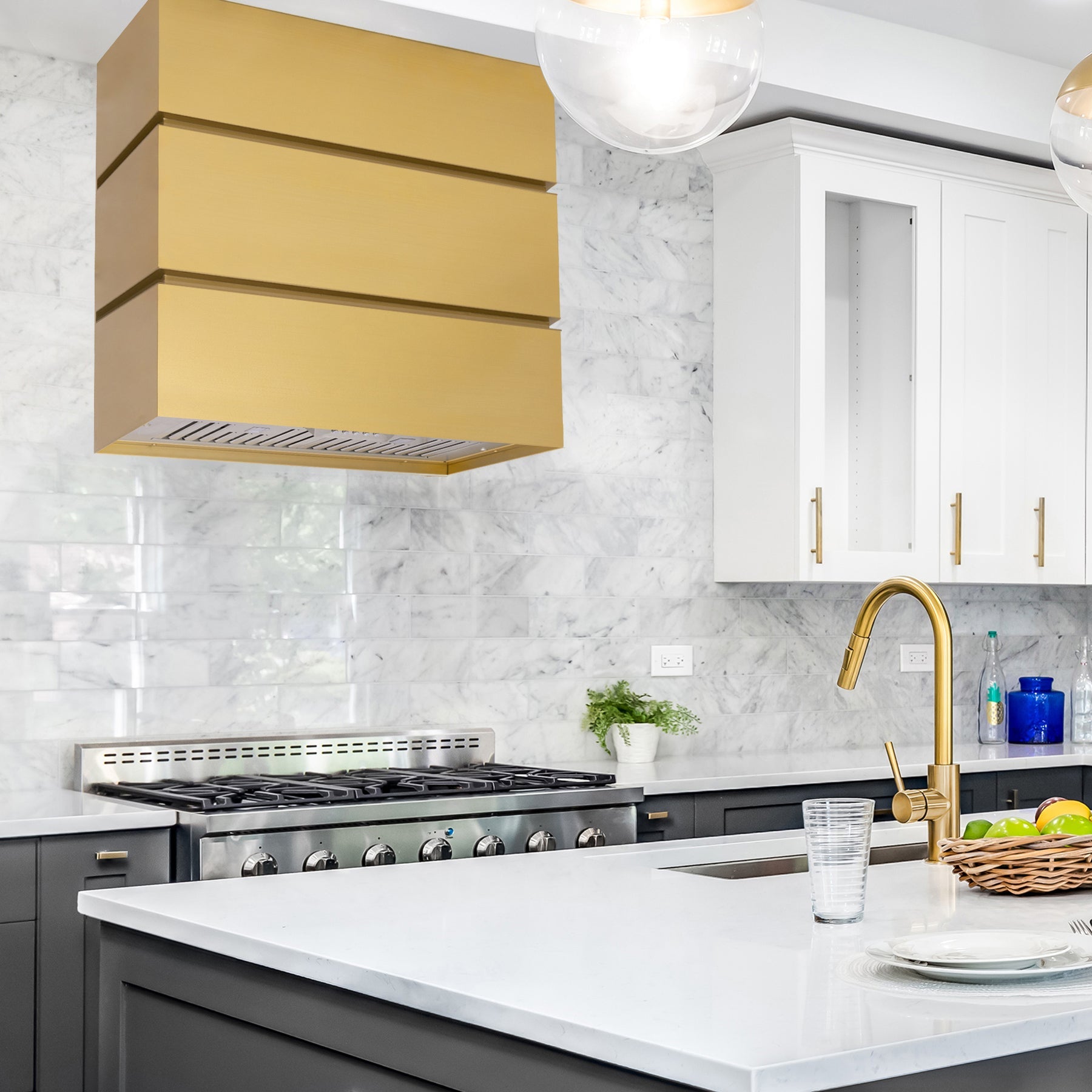 Akicon 36" Stainless Steel Range Hood, 3 Stacks Modern Box Kitchen Hood with Powerful Vent Motor, Wall Mount, 36”W*30”H*14"D, Matte Gold