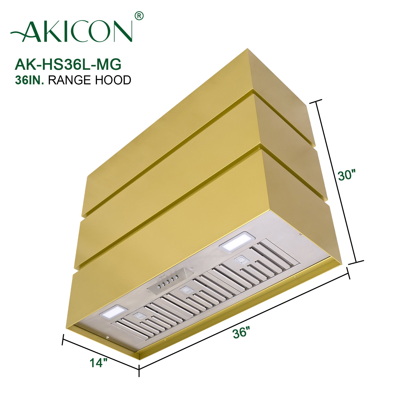 Akicon 36" Stainless Steel Range Hood, 3 Stacks Modern Box Kitchen Hood with Powerful Vent Motor, Wall Mount, 42”W*30”H*21"D, Matte Gold for Eboni