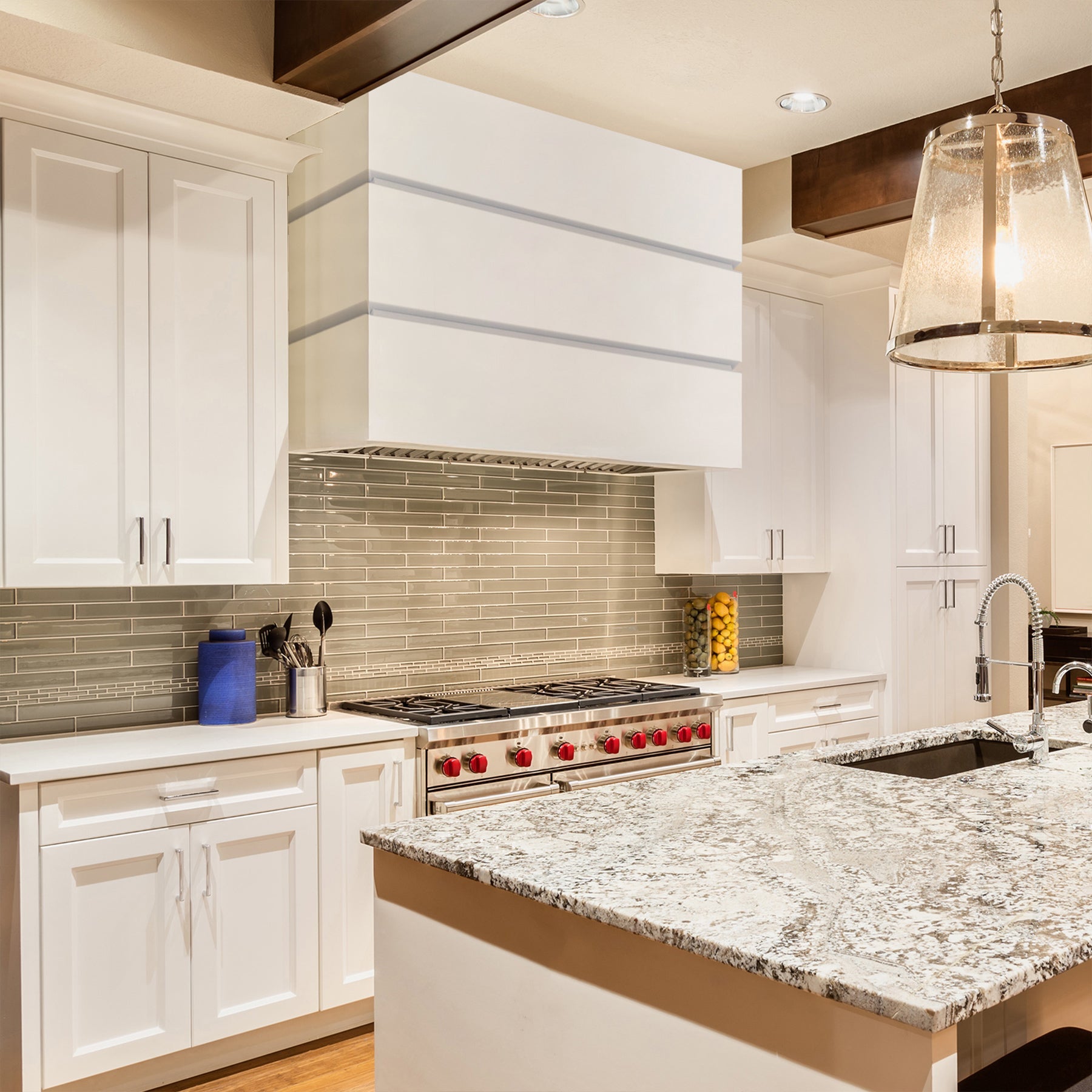 Akicon 30" Stainless Steel Range Hood, 3 Stacks Modern Box Kitchen Hood with Powerful Vent Motor, Wall Mount, 30”W*30”H*14"D, Signal White