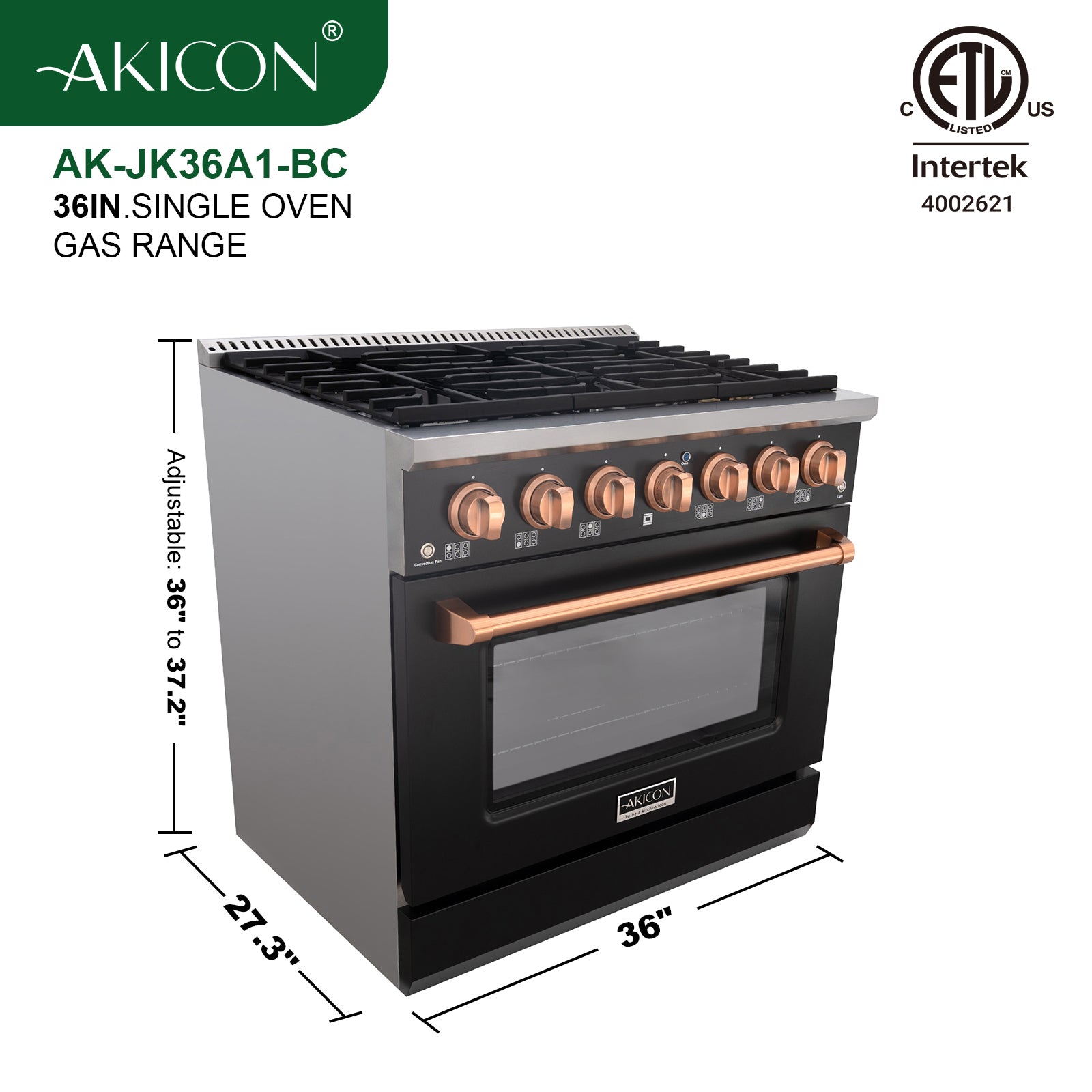 Akicon 36" Slide-in Freestanding Professional Style Gas Range with 5.2 Cu. Ft. Oven, 6 Burners, Convection Fan, Cast Iron Grates. Black & Copper