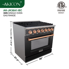Akicon 36" Slide-in Freestanding Professional Style Gas Range with 5.2 Cu. Ft. Oven, 6 Burners, Convection Fan, Cast Iron Grates. Black & Copper
