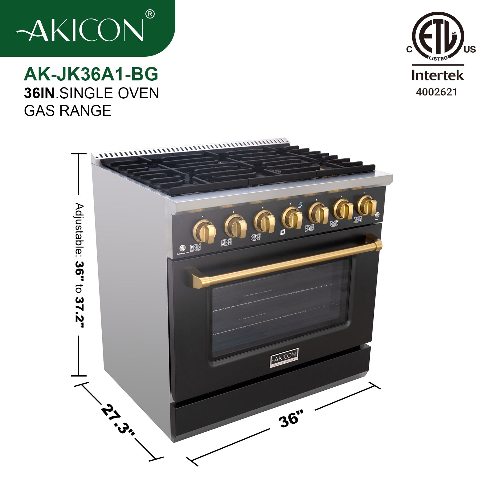 Akicon 36" Slide-in Freestanding Professional Style Gas Range with 5.2 Cu. Ft. Oven, 6 Burners, Convection Fan, Cast Iron Grates. Black & Gold
