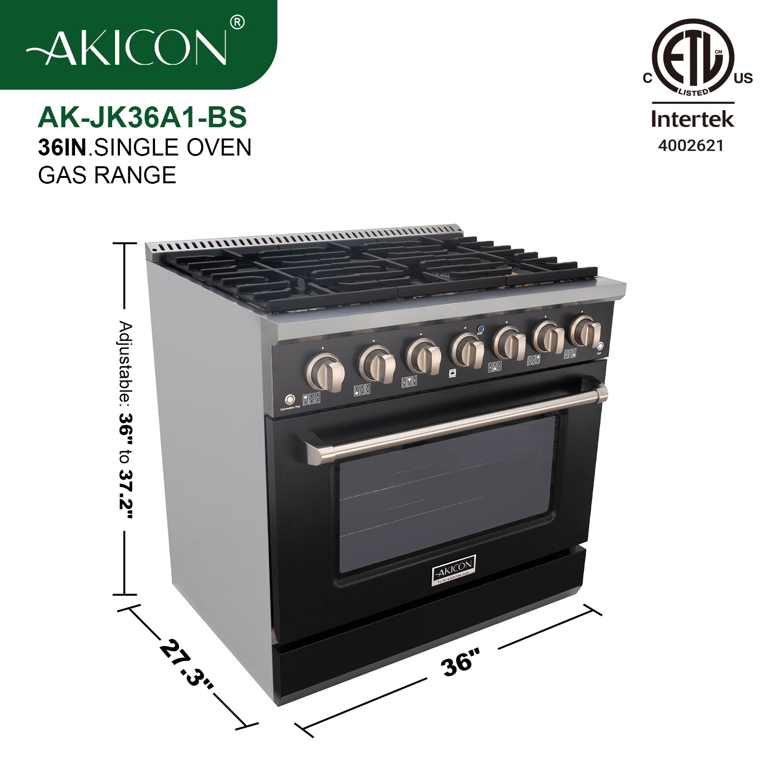 Akicon 36" Slide-in Freestanding Professional Style Gas Range with 5.2 Cu. Ft. Oven, 6 Burners, Convection Fan, Cast Iron Grates. Black & Stainless Steel