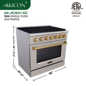 Akicon 36" Slide-in Freestanding Professional Style Gas Range with 5.2 Cu. Ft. Oven, 6 Burners, Convection Fan, Cast Iron Grates. Stainless Steel & Gold