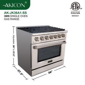 Akicon 36" Slide-in Freestanding Professional Style Gas Range with 5.2 Cu. Ft. Oven, 6 Burners, Convection Fan, Cast Iron Grates. Stainless Steel