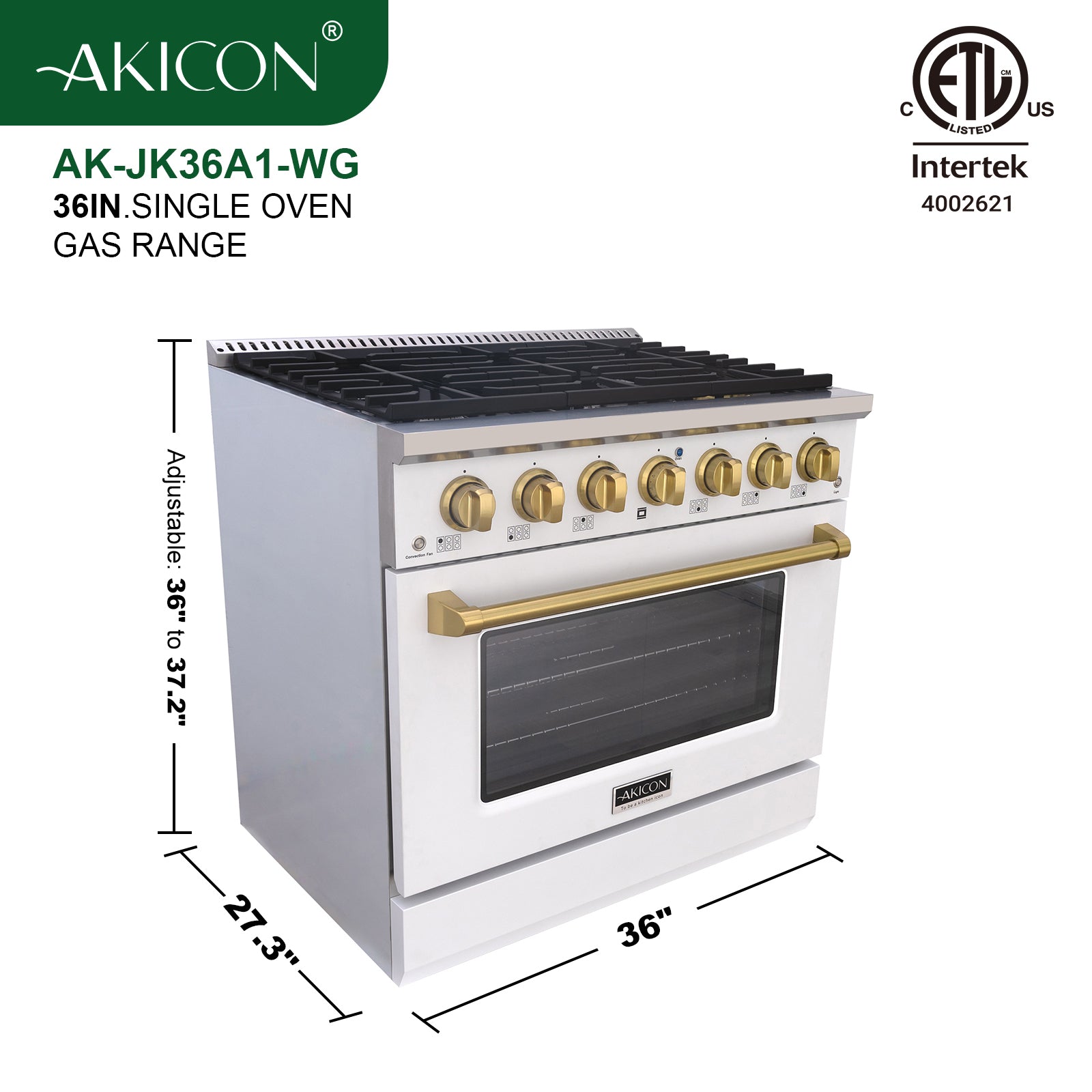 Akicon 36" Slide-in Freestanding Professional Style Gas Range with 5.2 Cu. Ft. Oven, 6 Burners, Convection Fan, Cast Iron Grates. White & Gold