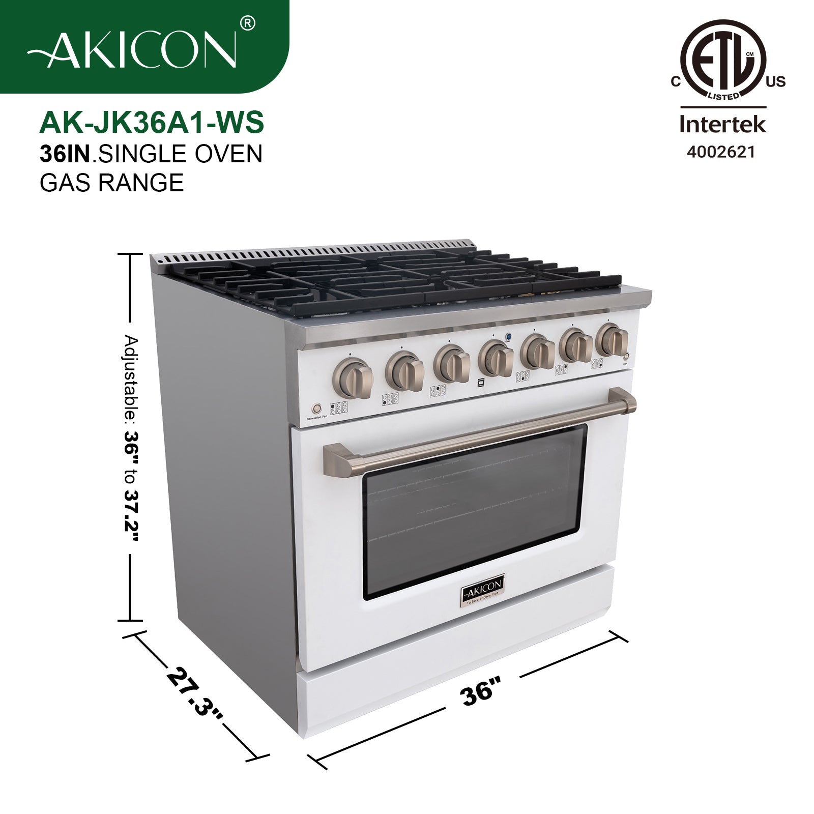 Akicon 36" Slide-in Freestanding Professional Style Gas Range with 5.2 Cu. Ft. Oven, 6 Burners, Convection Fan, Cast Iron Grates. White & Stainless Steel