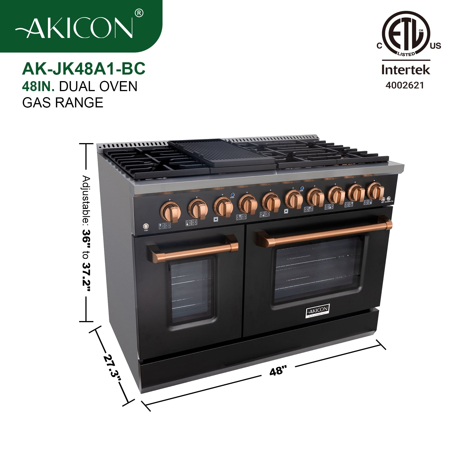 Akicon 48" Slide-in Freestanding Professional Style Gas Range with 6.7 Cu. Ft. Oven, 8 Burners, Convection Fan, Cast Iron Grates. Black & Copper for Janice