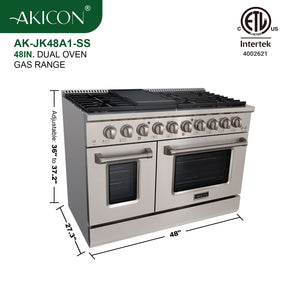 Akicon 48" Slide-in Freestanding Professional Style Gas Range with 6.7 Cu. Ft. Oven, 8 Burners, Convection Fan, Cast Iron Grates. Stainless Steel