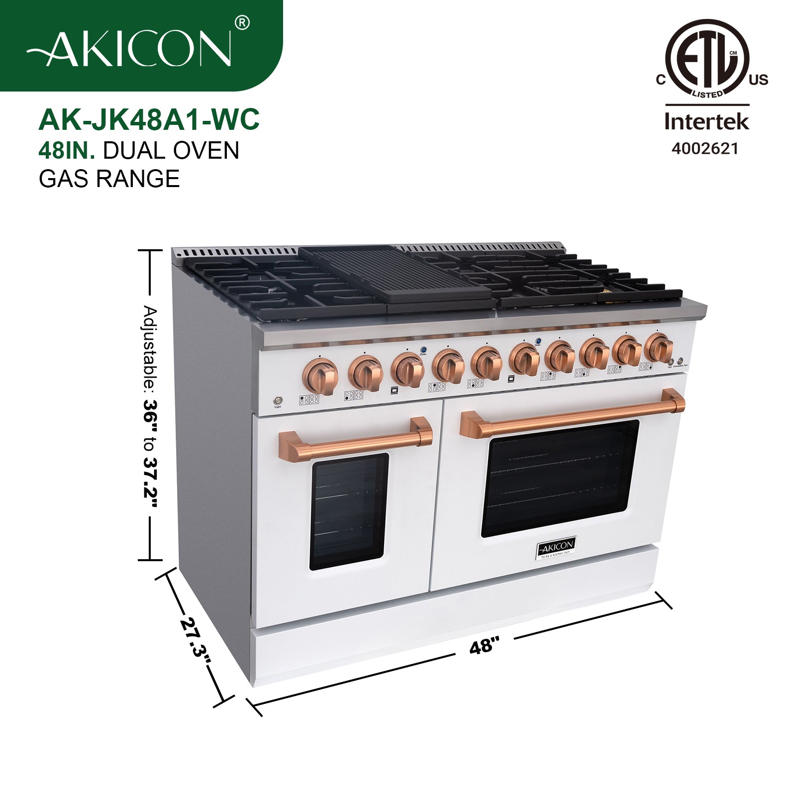 Akicon 48" Slide-in Freestanding Professional Style Gas Range with 6.7 Cu. Ft. Oven, 8 Burners, Convection Fan, Cast Iron Grates. White & Copper