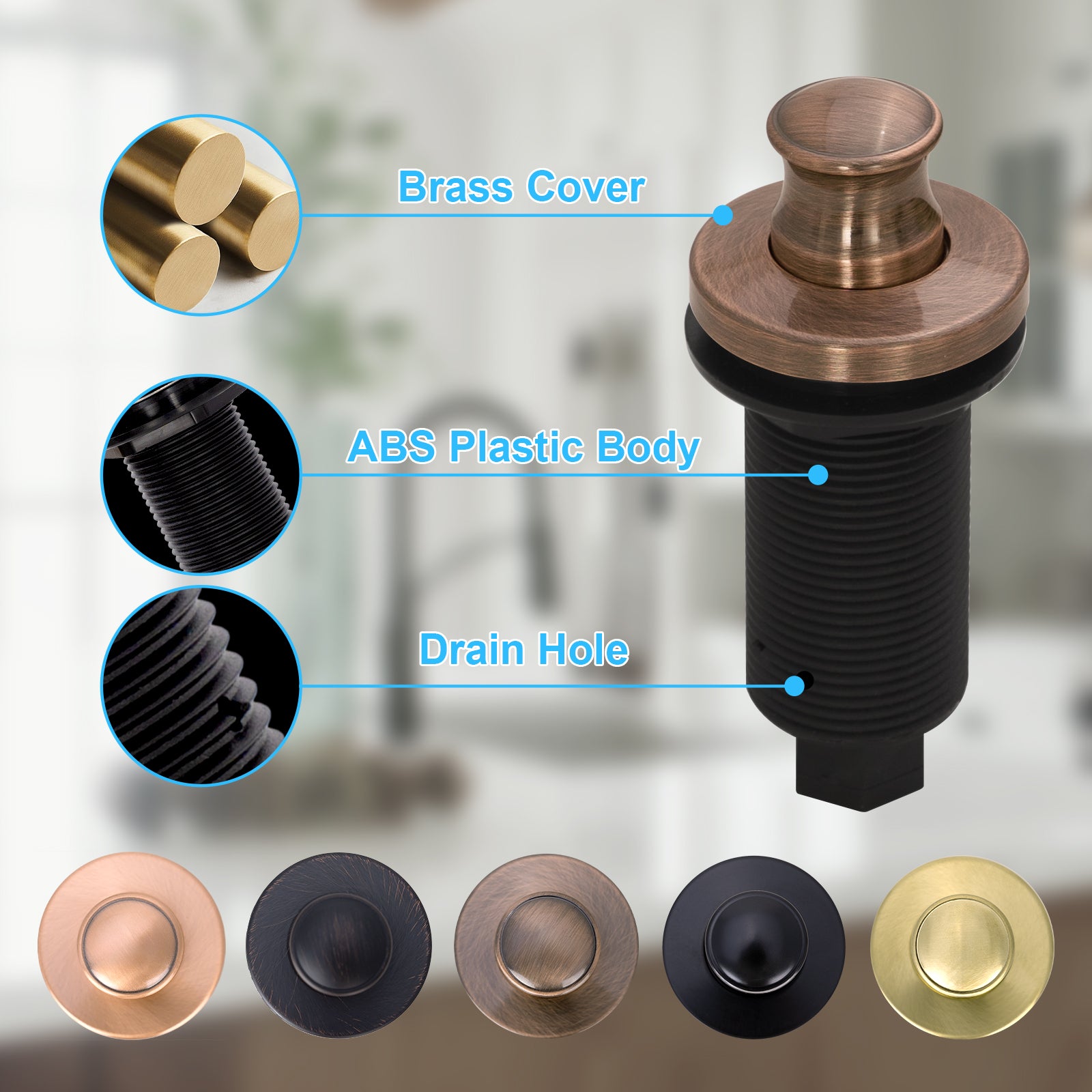 Akicon Copper Garbage Disposal Air Switch Kit, Dual Outlet Sink Top Waste Disposal On/Off Push Button with Brass Cover