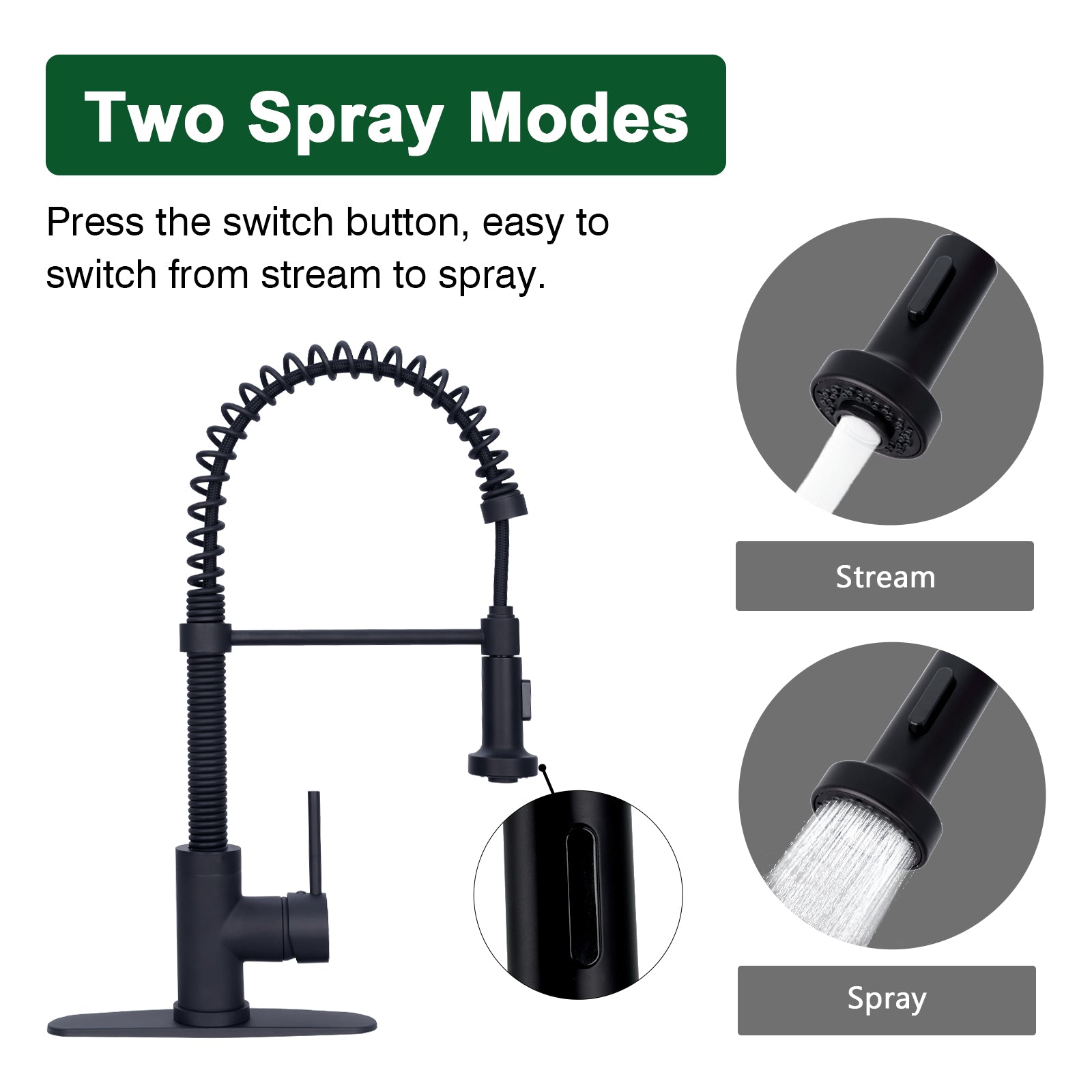 Matte Black Pre-Rinse Spring Kitchen Faucet, Single Level Solid Brass Kitchen Sink Faucets with Pull Down Sprayer - AK96516A2-MB