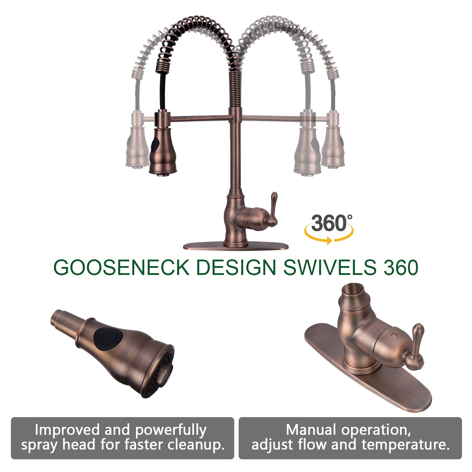 Antique Bronze Pre-Rinse Spring Kitchen Faucet, Single Level Solid Brass Kitchen Sink Faucets with Pull Down Sprayer - AK96518-AB