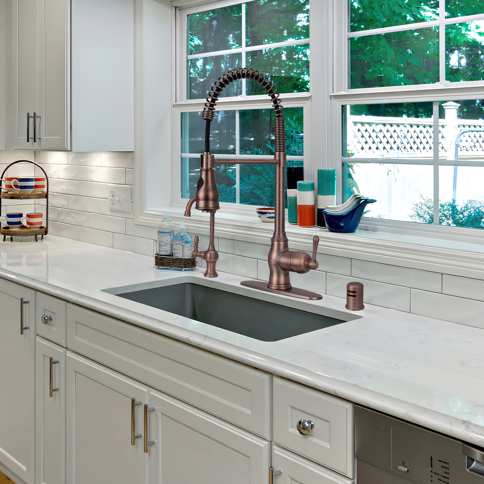 Antique Bronze Pre-Rinse Spring Kitchen Faucet, Single Level Solid Brass Kitchen Sink Faucets with Pull Down Sprayer - AK96518-AB