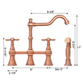 Akicon Bridge Kitchen Faucets - Solid Brass Kitchen Faucet with Side Sprayer- 2 Cross Handles Kitchen Sink Faucet, Copper, AK96718N1
