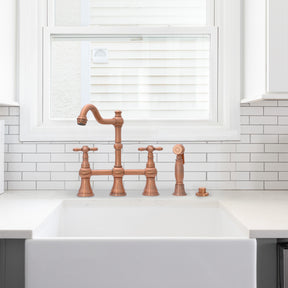 Akicon Bridge Kitchen Faucets - Solid Brass Kitchen Faucet with Side Sprayer- 2 Cross Handles Kitchen Sink Faucet, Copper, AK96718N1