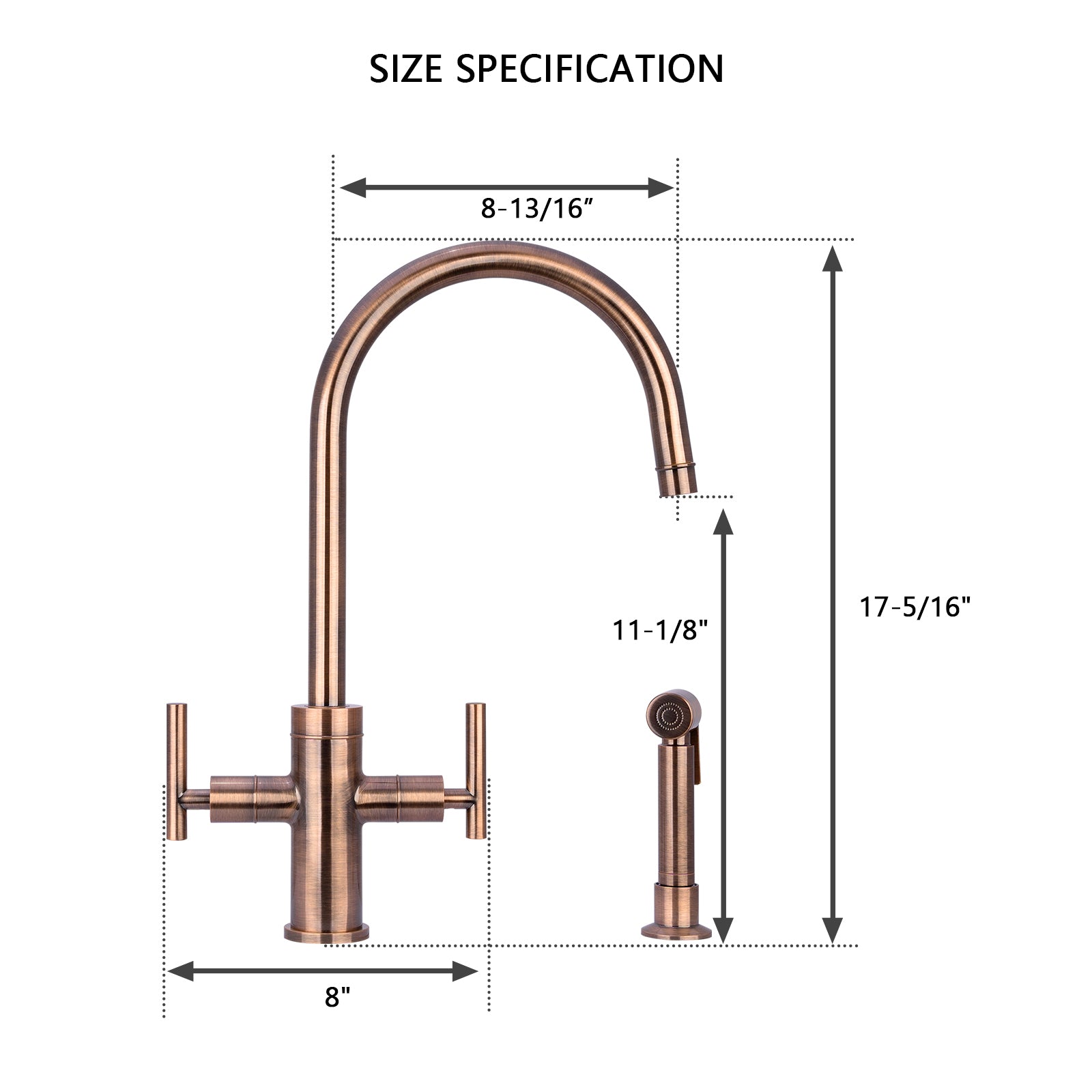 Two-Handle Antique Copper Widespread Kitchen Faucet with Side Sprayer-AK96766-AC