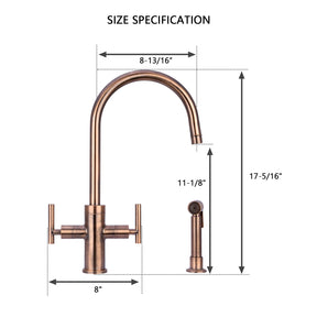 Two-Handle Antique Copper Widespread Kitchen Faucet with Side Sprayer-AK96766-AC