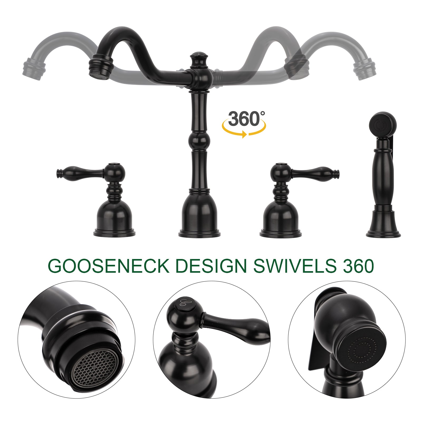 Two-Handles Matte Black Widespread Kitchen Faucet with Side Sprayer - AK96818-MB