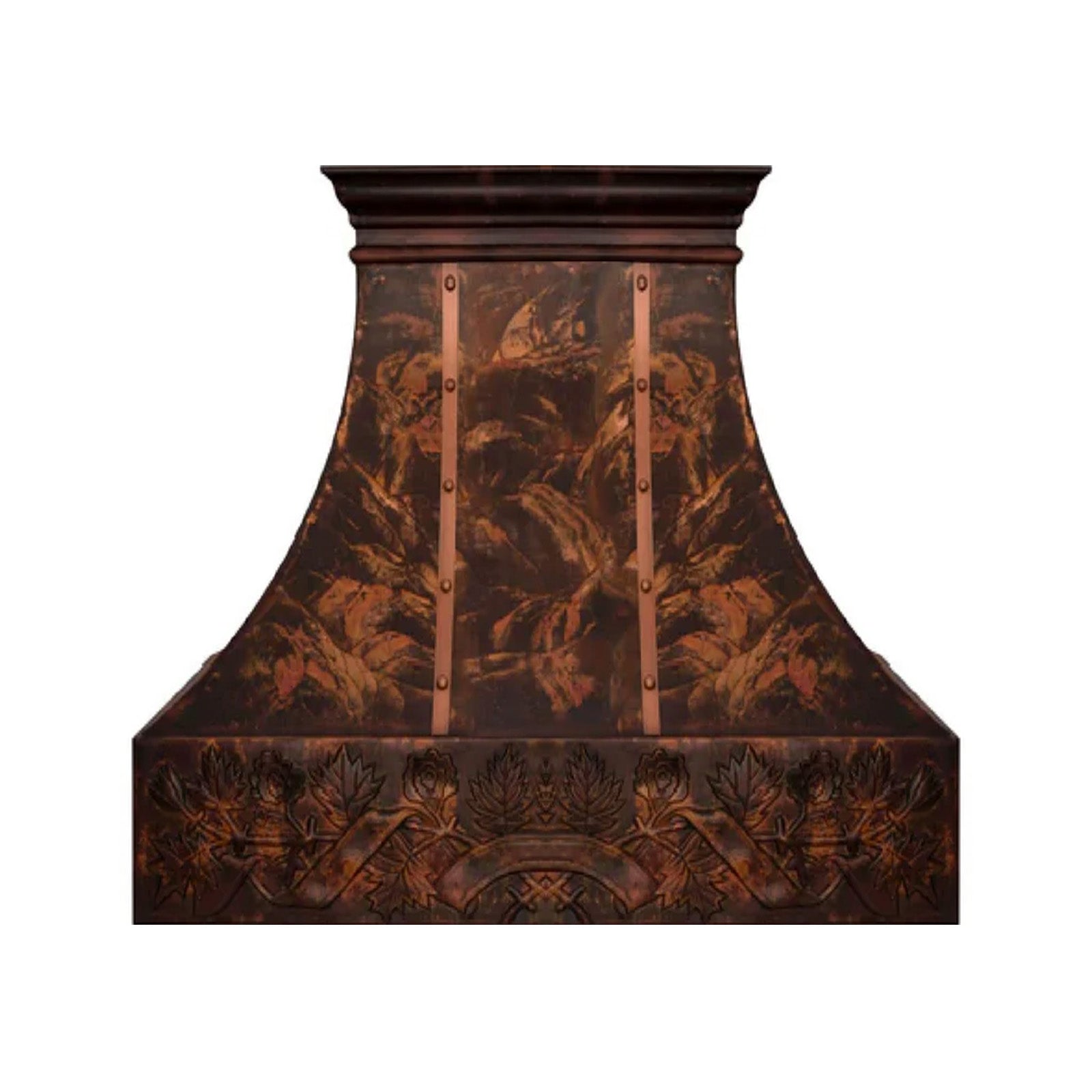 Fire hand hammered_patina_copper_wall_hood_with__bands_36inch