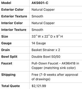 Akicon Equal Bowl Drop-In Copper Kitchen Sink - AKS601-C for Richard