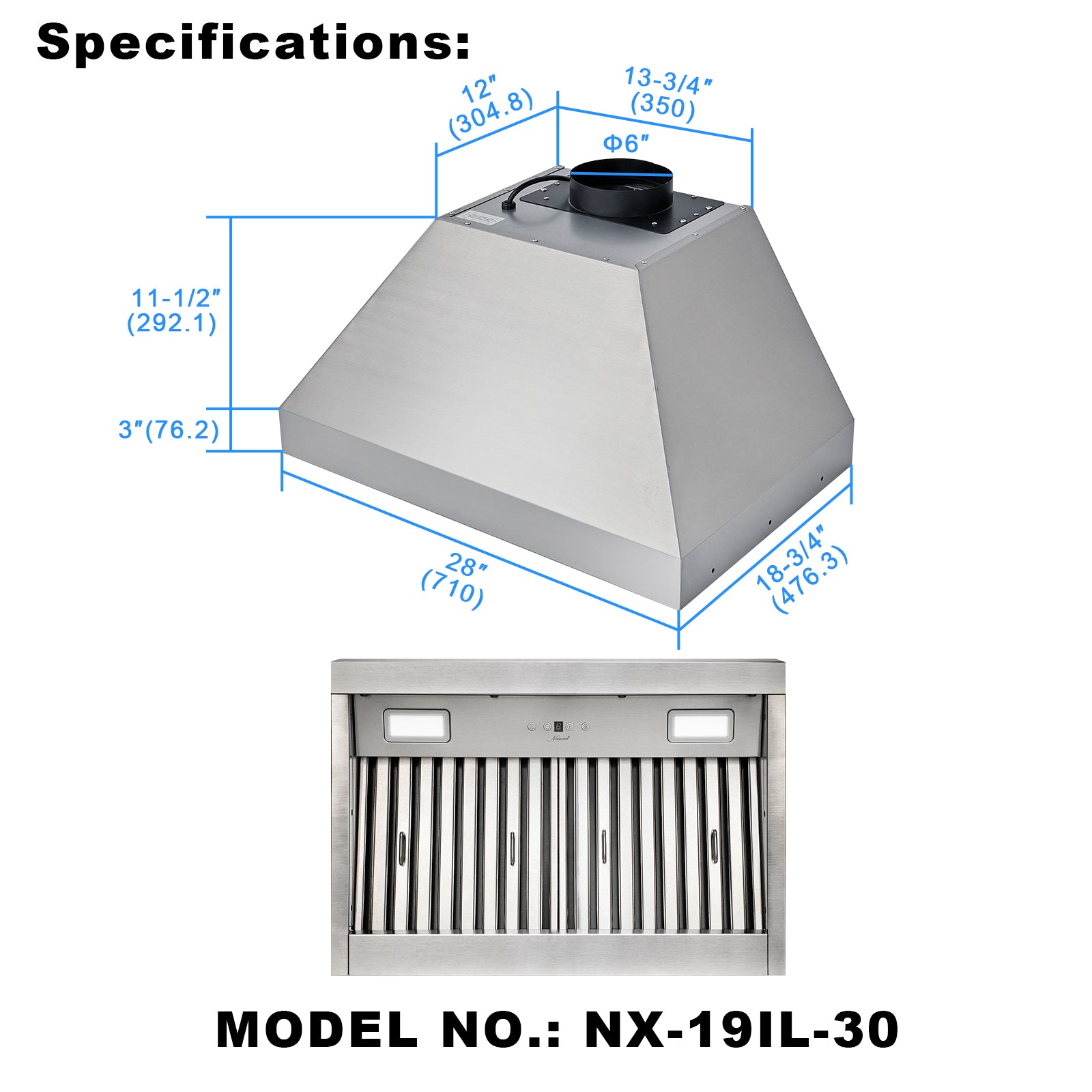 30“ Range Hood Insert, Ultra Quiet Stainless Steel 6" Ducted with 600 CFM Powerful Suction-NX-19IL-30
