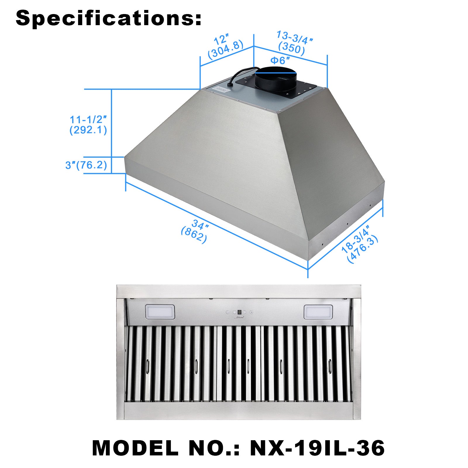 36" Range Hood Insert, Ultra Quiet Stainless Steel 6" Ducted with 600 CFM Powerful Suction-NX-19IL-36