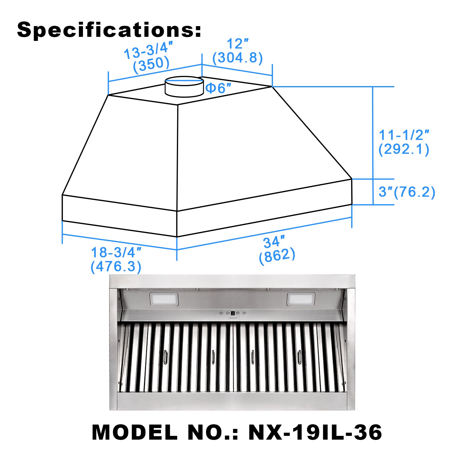 36 Inch Range Hood Insert, Ultra Quiet Stainless Steel 6" Ducted Insert/Built-in Kitchen Vent Hood with 600 CFM Powerful Suction, Dimmable LED Lights and Dishwasher Safe Filters, 3-Speed