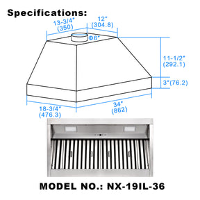 36 Inch Range Hood Insert, Ultra Quiet Stainless Steel 6" Ducted Insert/Built-in Kitchen Vent Hood with 600 CFM Powerful Suction, Dimmable LED Lights and Dishwasher Safe Filters, 3-Speed