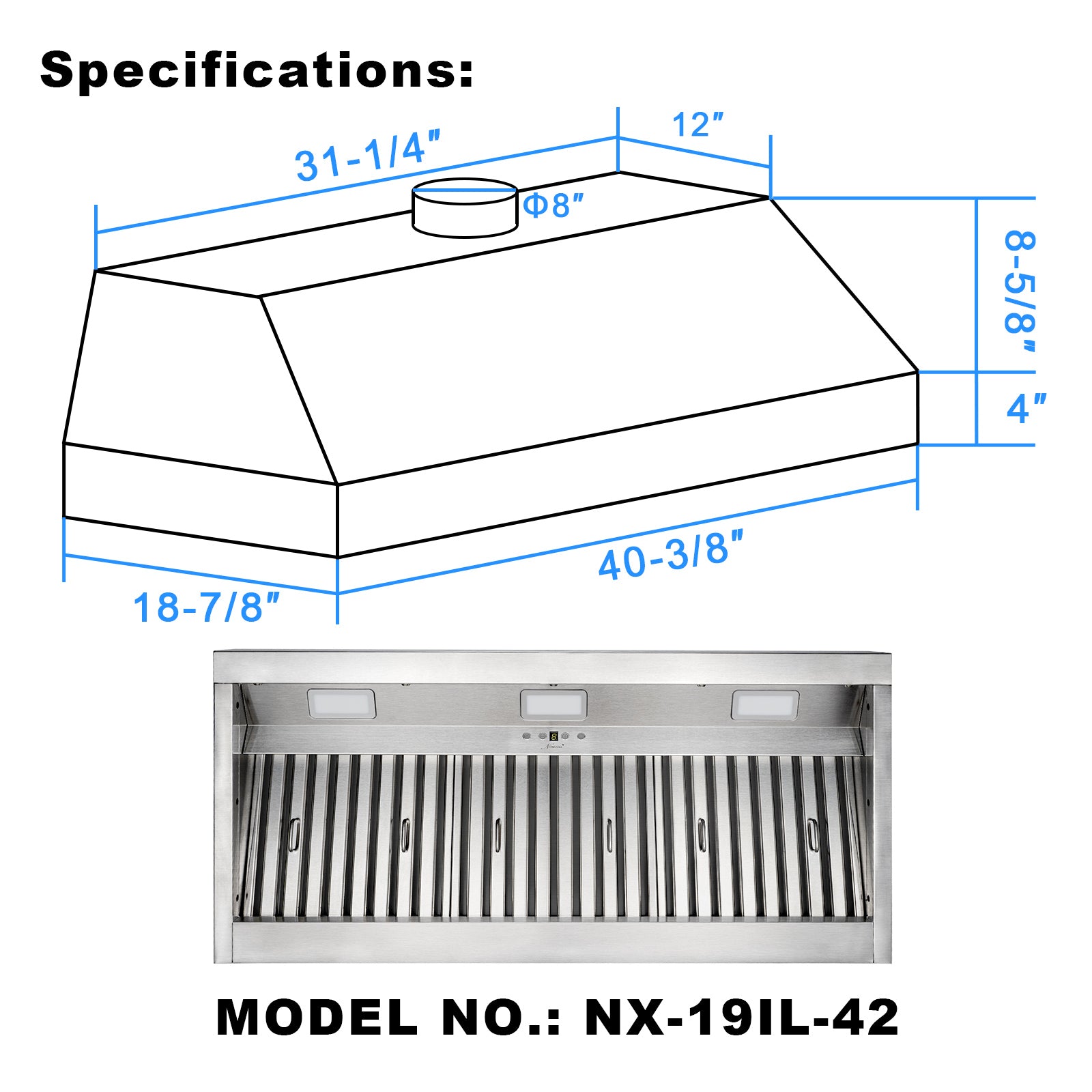 Range Hood Insert 42 Inch, 1200 CFM Built-in Kitchen Hood with 4 Speeds, Ultra-Quiet Stainless Steel Ducted Vent Hood Insert with Dimmable LED Lights and Dishwasher Safe Filter