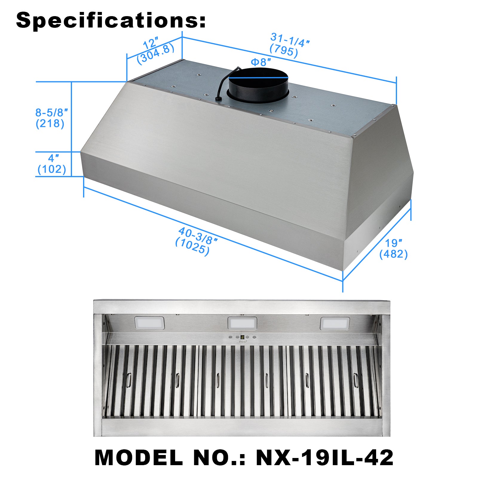 42" Range Hood Insert, Ultra Quiet Stainless Steel 8" Ducted with 1200 CFM Powerful Suction-NX-19IL-42