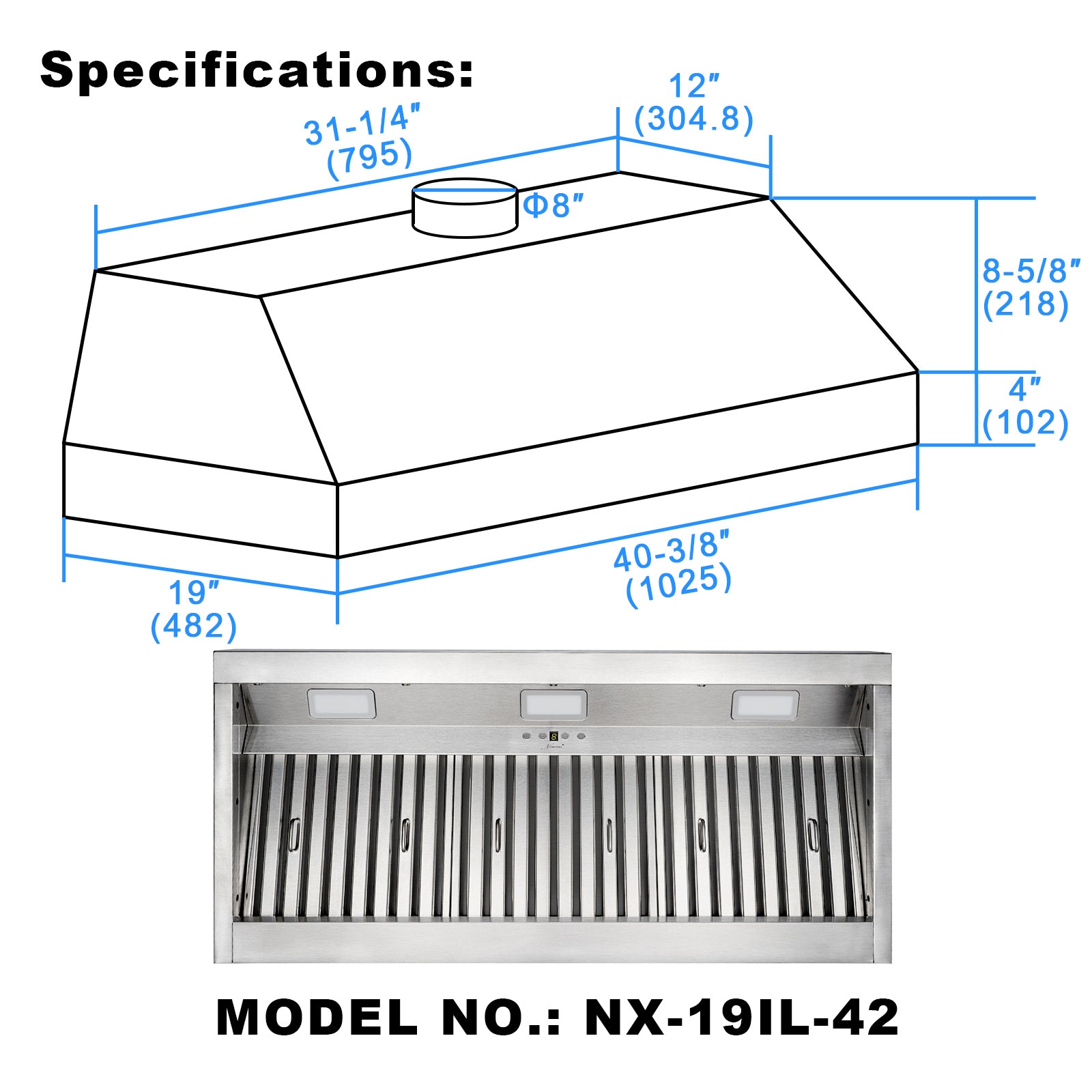 42“ Range Hood Insert, Ultra Quiet Stainless Steel 8" Ducted with 600 CFM Powerful Suction-NX-19IL-42