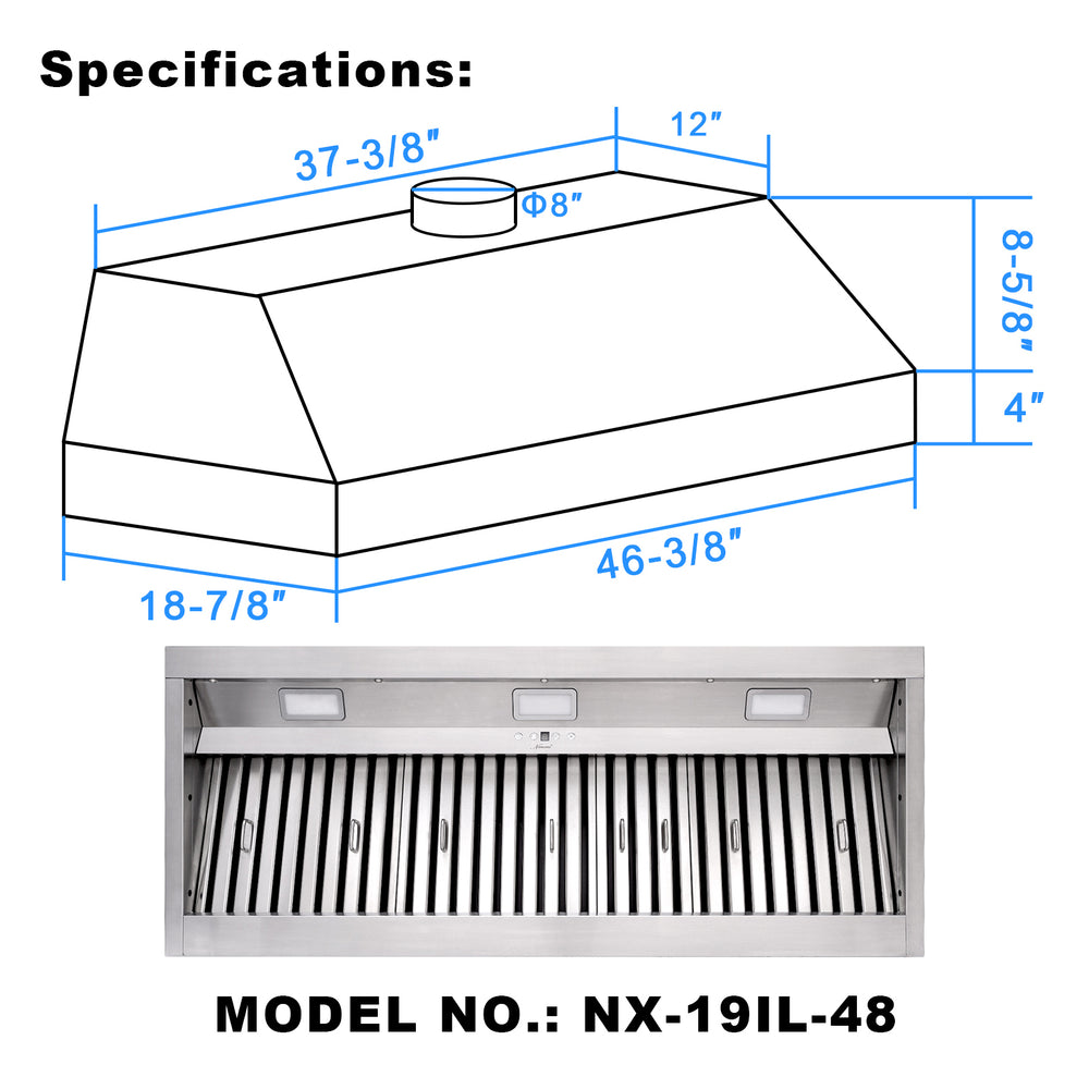 Range Hood Insert 48 Inch, 1200 CFM Built-in Kitchen Hood with 4 Speed