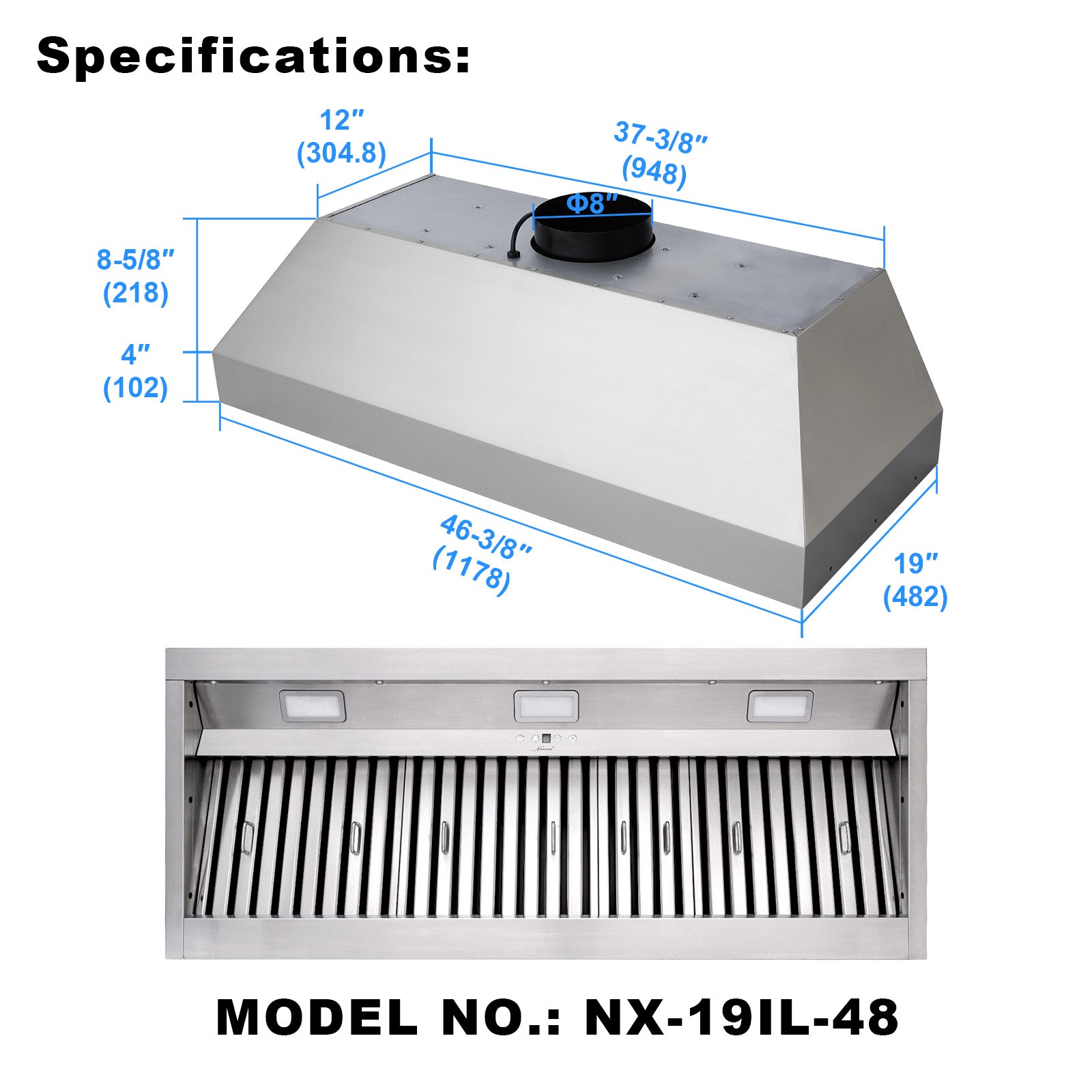 48" Range Hood Insert, Ultra Quiet Stainless Steel 8" Ducted with 1200 CFM Powerful Suction-NX-19IL-48