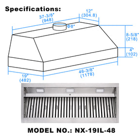 Range Hood Insert 48 Inch, 1200 CFM Built-in Kitchen Hood with 4 Speeds, Ultra-Quiet Stainless Steel Ducted Vent Hood Insert with Dimmable LED Lights and Dishwasher Safe Filter