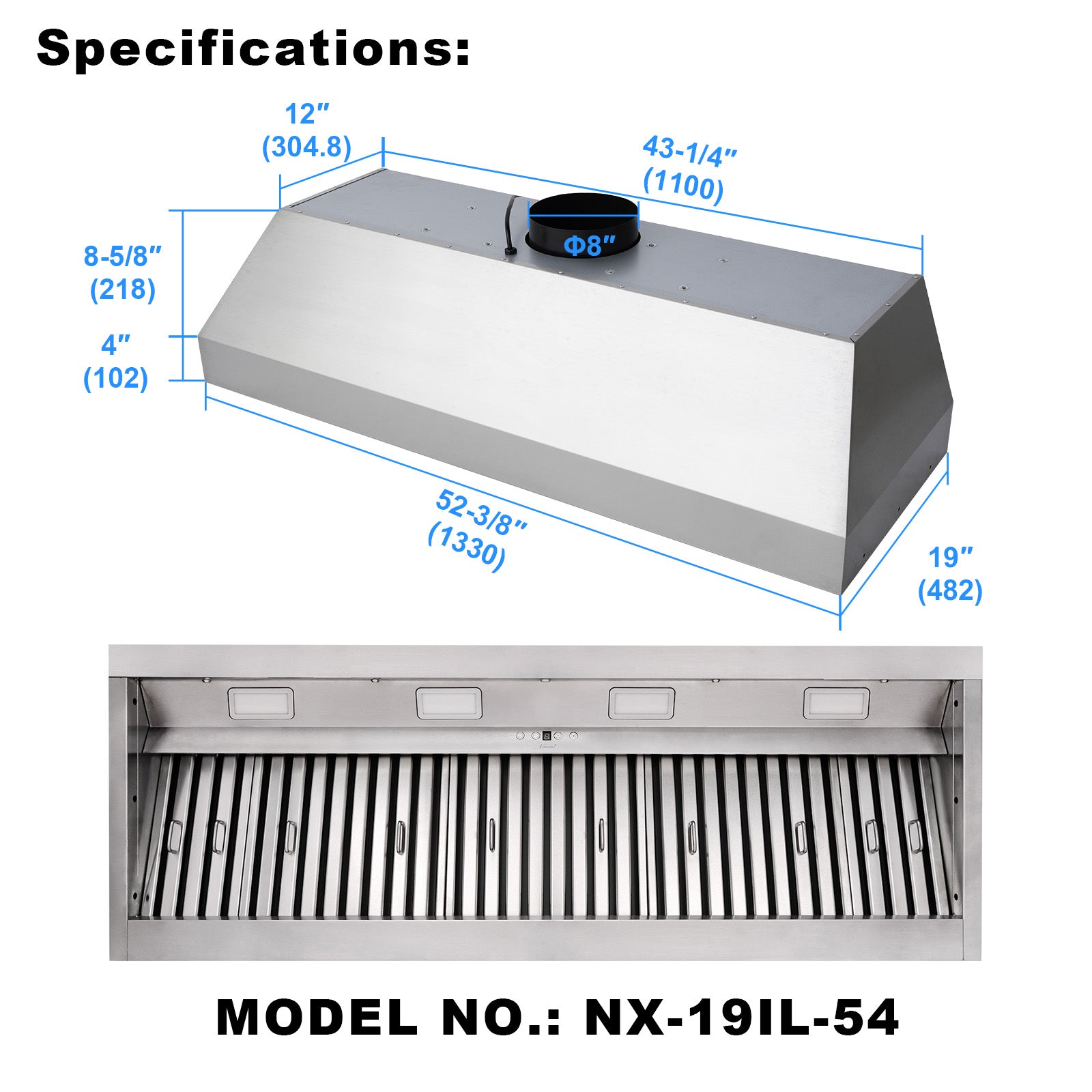 54" Range Hood Insert, Ultra Quiet Stainless Steel 8" Ducted with 1200 CFM Powerful Suction-NX-19IL-54