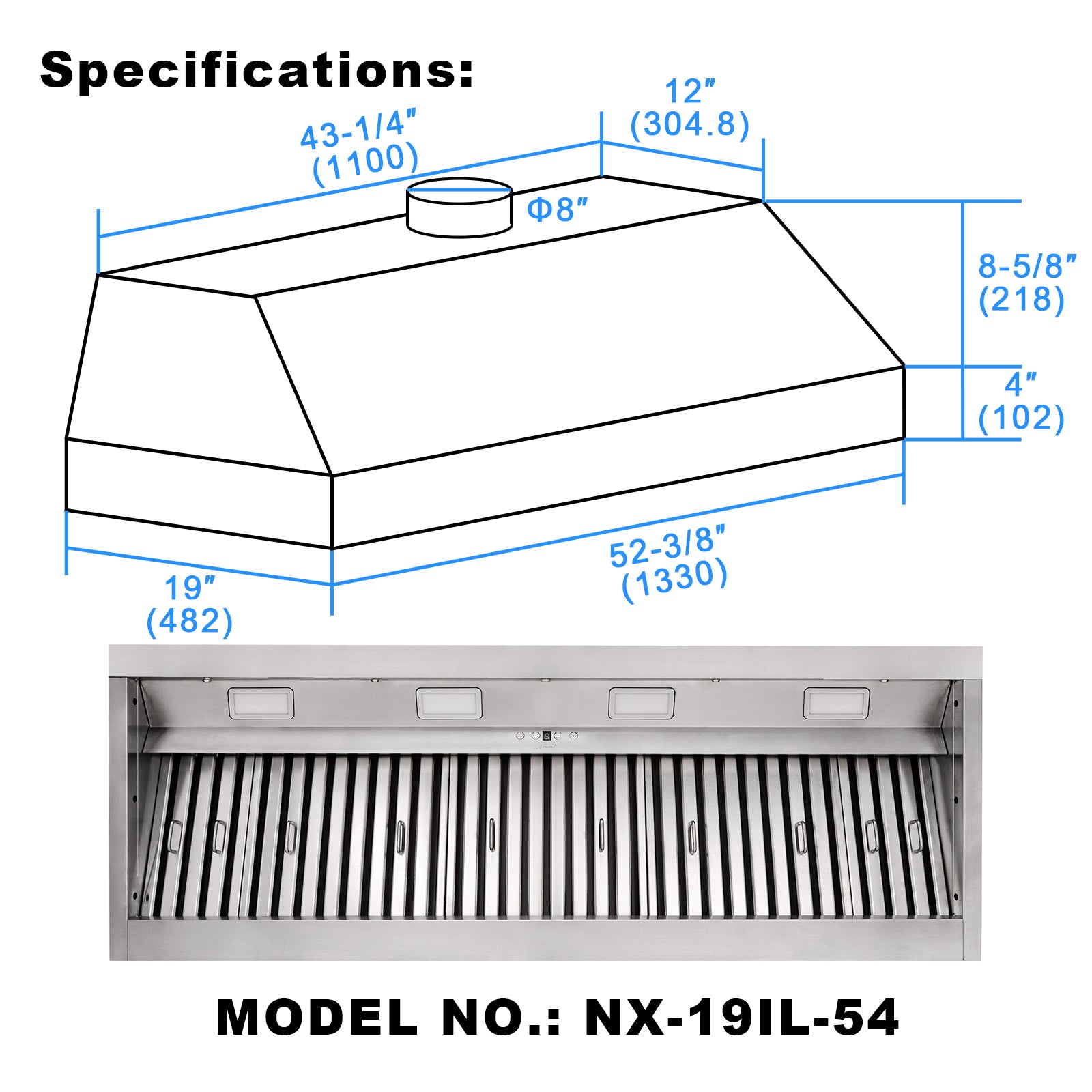 Range Hood Insert 54 Inch, 1200 CFM Built-in Kitchen Hood with 4 Speeds, Ultra-Quiet Stainless Steel Ducted Vent Hood Insert with Dimmable LED Lights and Dishwasher Safe Filter