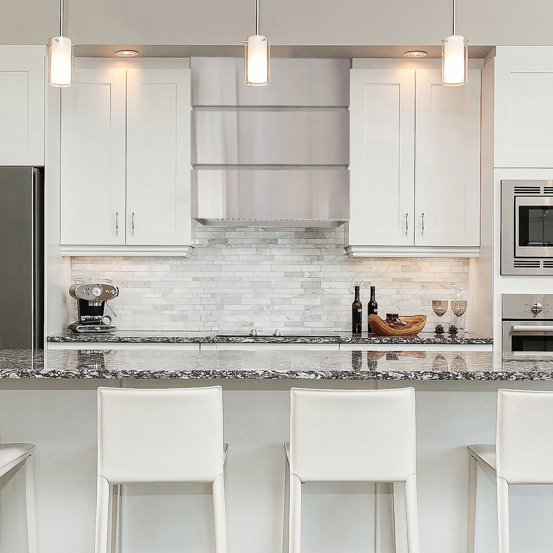 Akicon 36" Stainless Steel Range Hood, 3 Stacks Modern Box Kitchen Hood with Powerful Vent Motor, Wall Mount, 36”W*30”H*14"D, Brushed Stainless