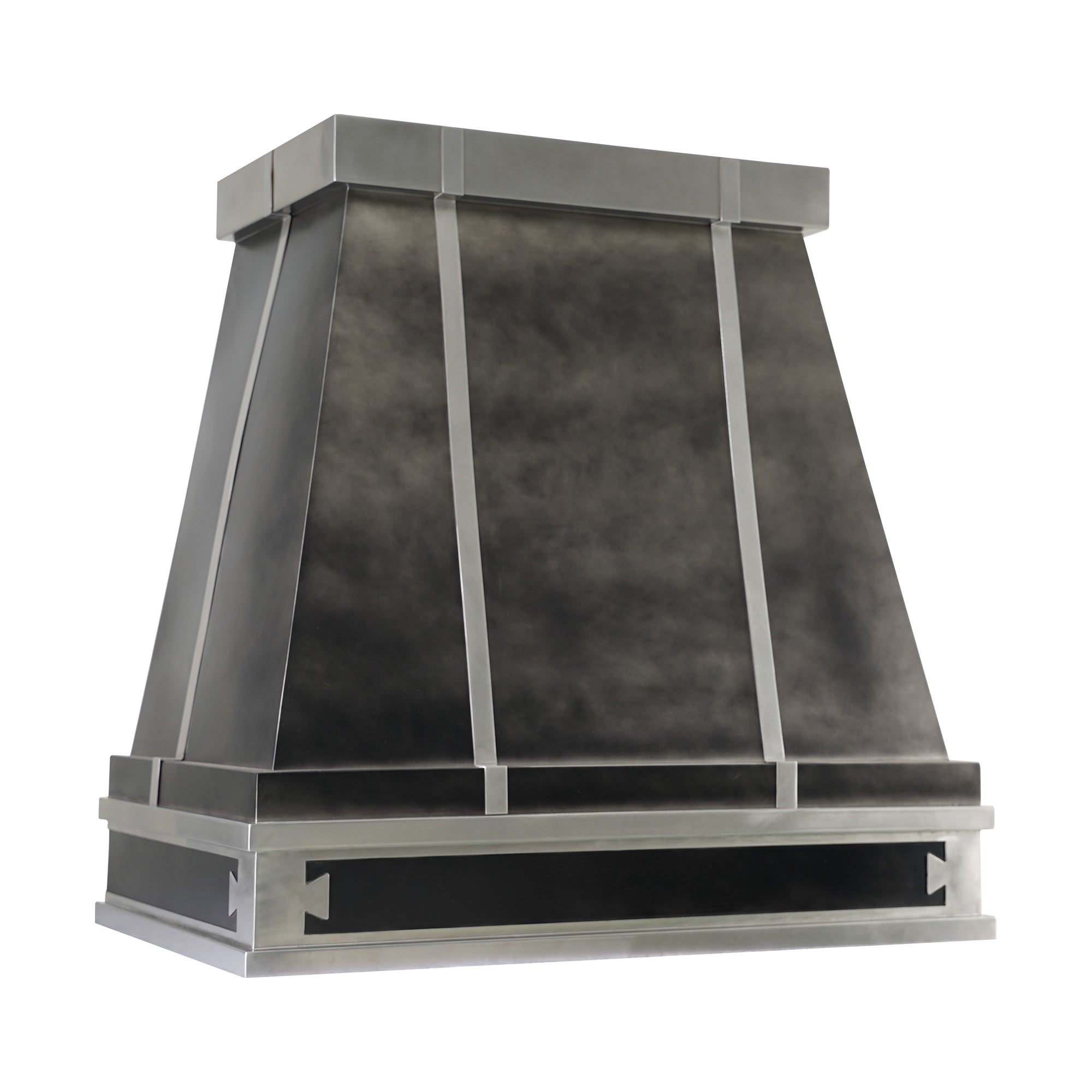 custom_stainless_steel_hood_with_black_straps_farmhouse_zinc finish