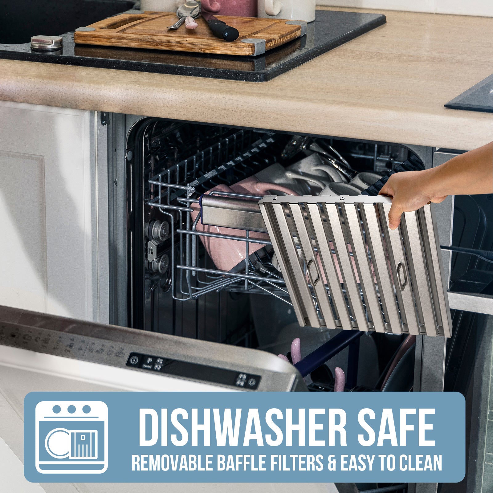 The vent hood features dishwasher-safe and easily removable stainless steel baffle filters to make maintenance a breeze. 