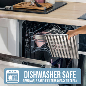 The vent hood features dishwasher-safe and easily removable stainless steel baffle filters to make maintenance a breeze. 