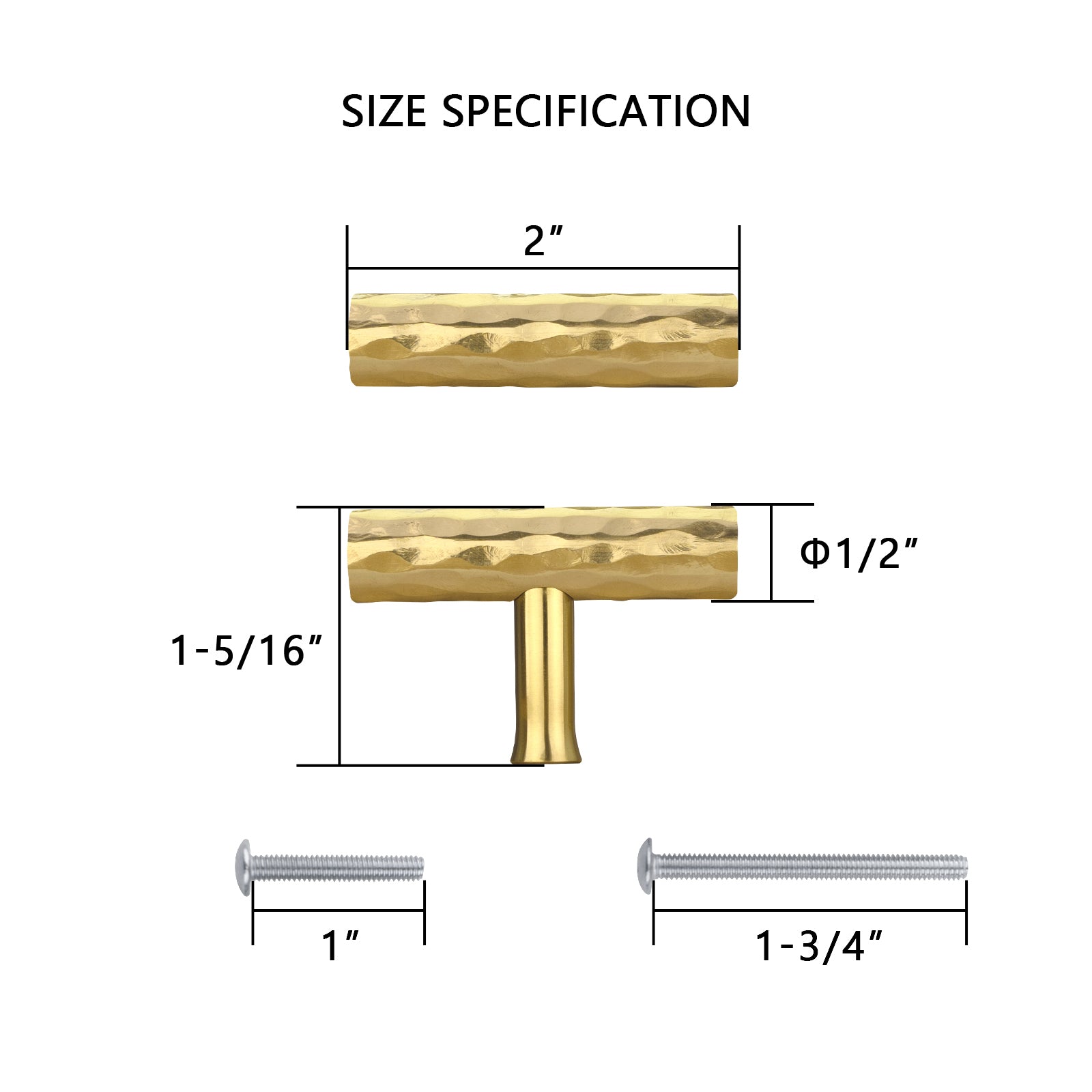 Akicon Hammered Polished Gold Kitchen T Bar Cabinet Pulls 100% Solid Brass Drawer Knob AK01917A-PB