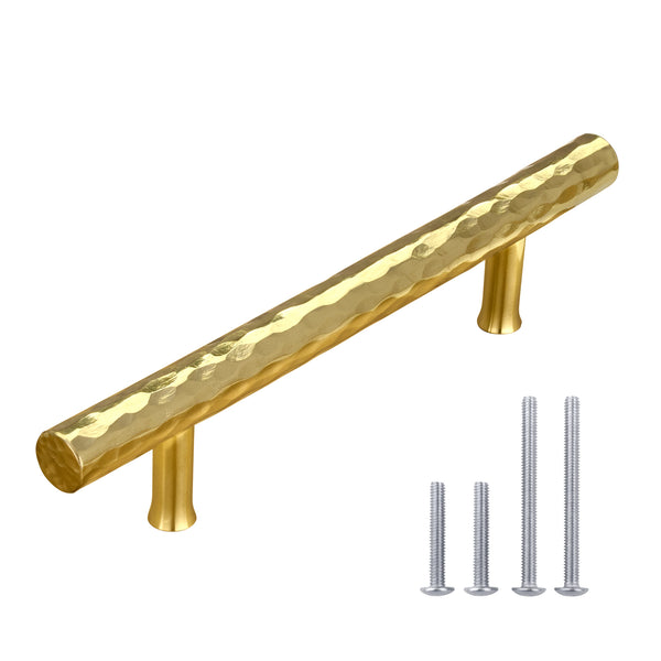 Akicon Hammered Polished Gold Kitchen Cabinet Handles 100% Solid Brass Drawer Pulls 5 Packs / 5 Inch / Ship-out in 4-6 weeks