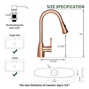 Copper Kitchen Faucet with Soap Dispenser, Single Handle Solid Brass High Arc Pull Down Sprayer Head Kitchen Sink Faucets with Deck Plate